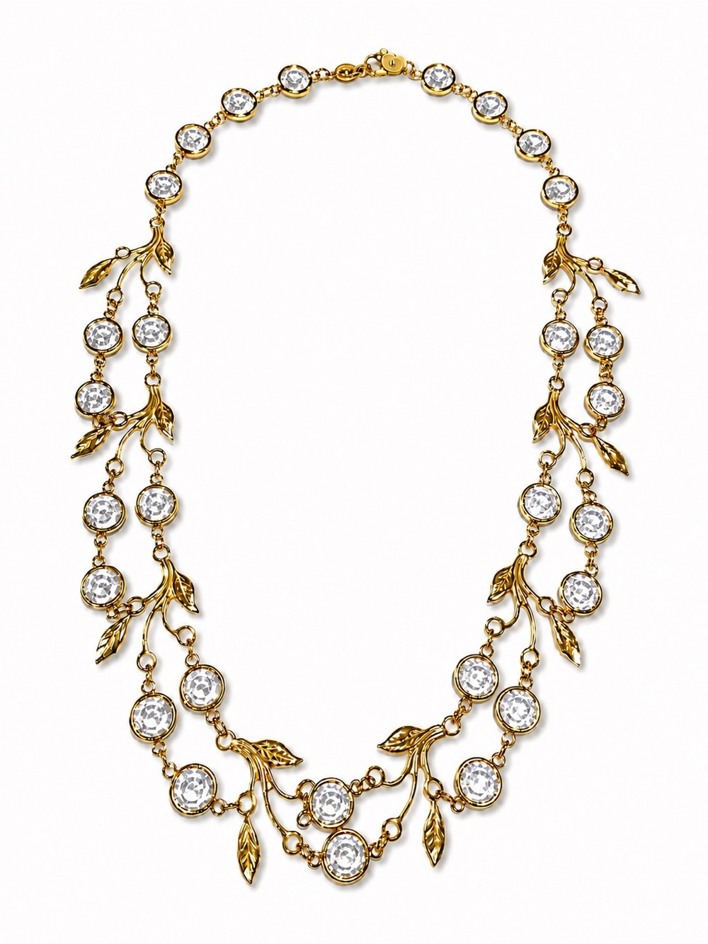 Austrian Crystal Gold Tone Double Strand Leaf Bib Necklace